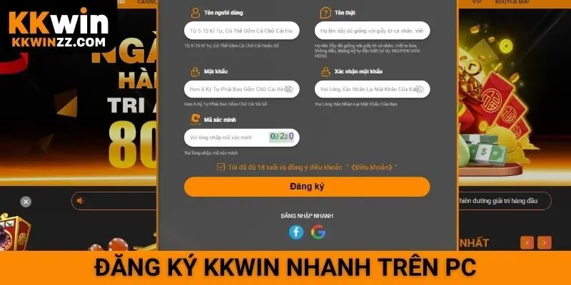 Đăng ký KKWIN nhanh trên PC